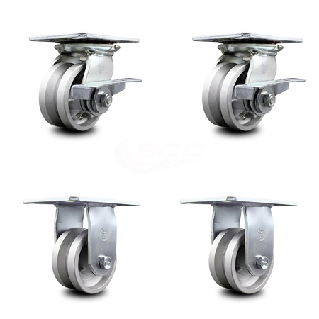 4 Inch V Groove Semi Steel Caster Set With Roller Bearing 2 Brakes And 2 Rigid